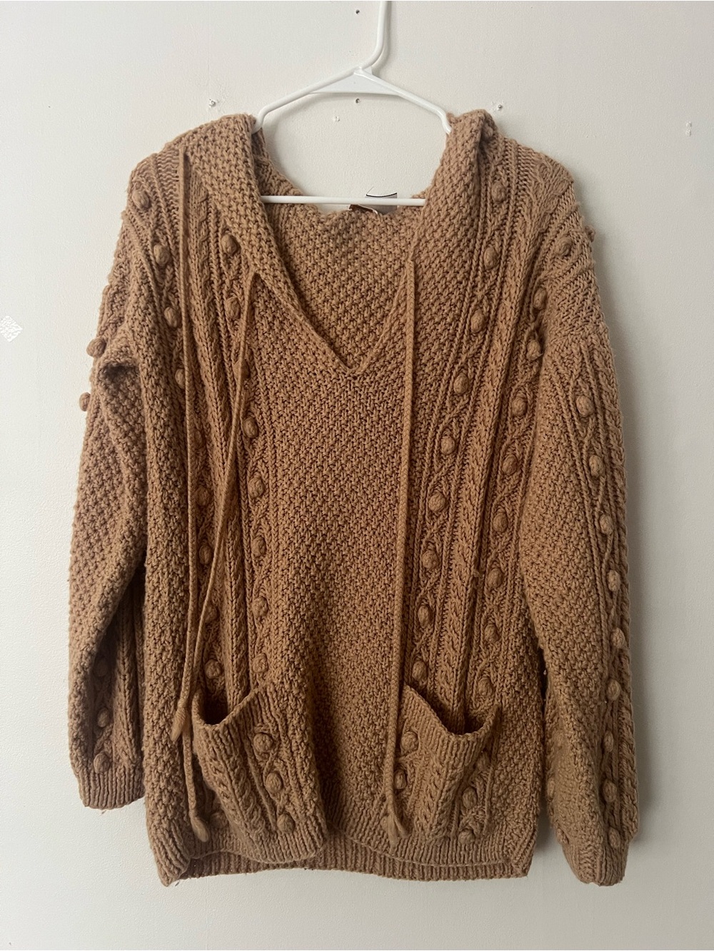 Specially hand made by Helen camel  V-Neck Cable Knit Sweater Hoodie, size L